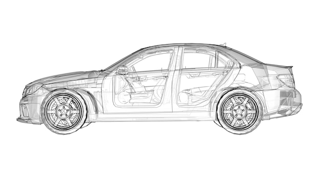 透明な超高速スポーツカーは、白い背景に線を描きました。ボディシェイプセダン。チューニングは普通のファミリーカーのバージョンです。 3Dレンダリング。