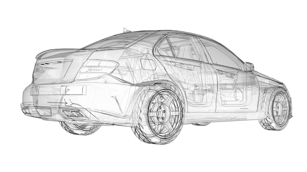 Прозрачный супер быстрый спортивный автомобиль очертил линии на белом фоне. Форма кузова седан. Тюнинг - это вариант обычного семейного автомобиля. 3d рендеринг