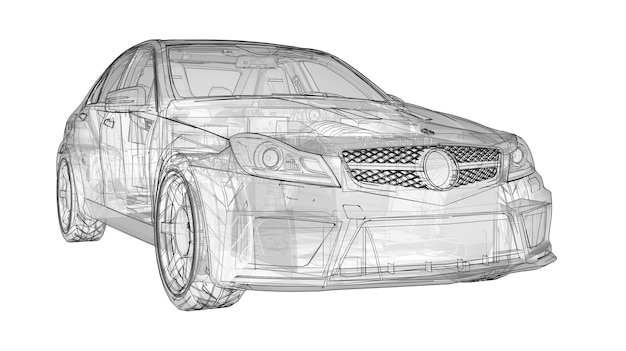 Transparent super fast sports car delineated lines on a white background. Body shape sedan. Tuning is a version of an ordinary family car. 3d rendering.