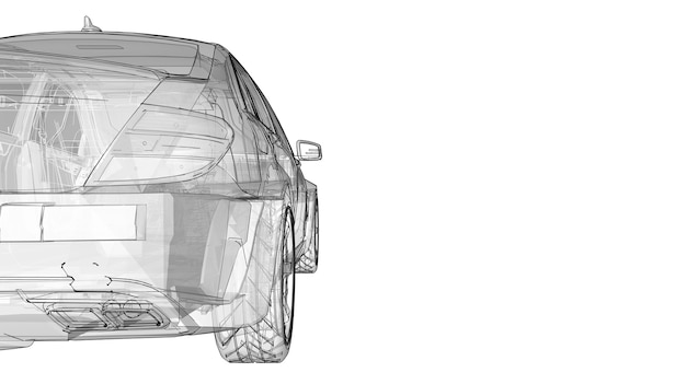 白い背景の上の透明な超高速スポーツカーの輪郭線。ボディシェイプセダン。チューニングは普通のファミリーカーのバージョンです。 3Dレンダリング。