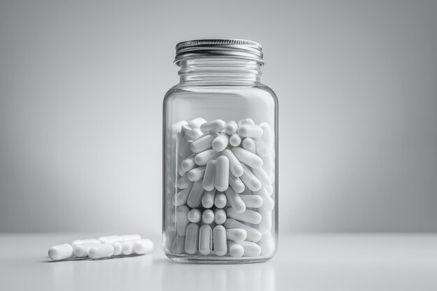 Foto bottiglia trasparente di supplemento riempita di capsule bianche su uno sfondo grigio e liscio che mostra un'estetica pulita e clinica nella presentazione farmaceutica