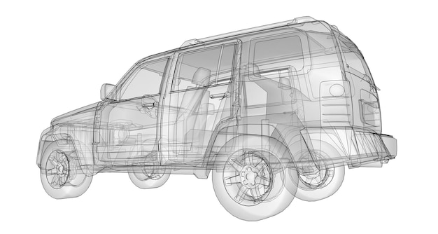 ボディのシンプルな直線を備えた透明なSUV3Dレンダリング