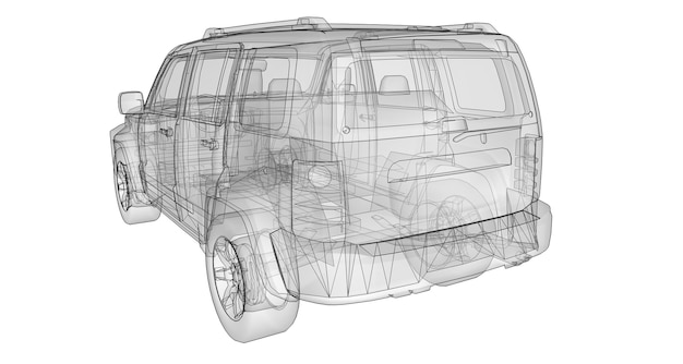 바디의 심플한 직선이 돋보이는 투명 SUV. 3d 렌더링.