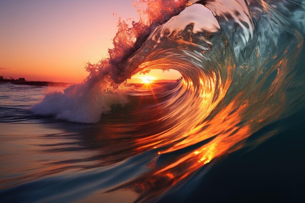 Photo transparent swirl of turquoise ocean wave on sunset blue sea waves