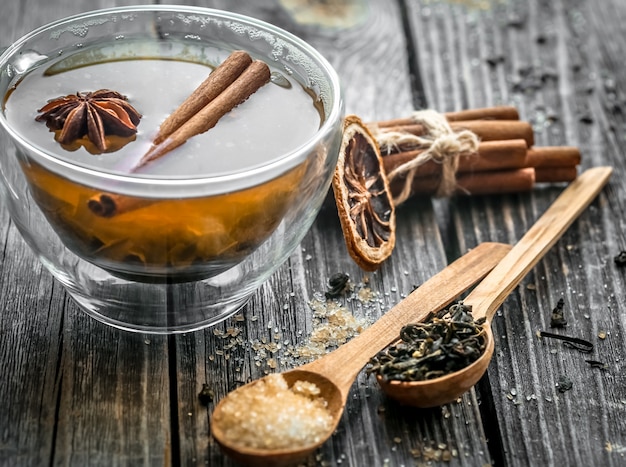 transparent tea Cup with wooden spoons