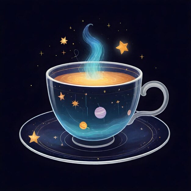 Прозрачная чайная чашка на тему галактики, наполненная звездами и планетами.