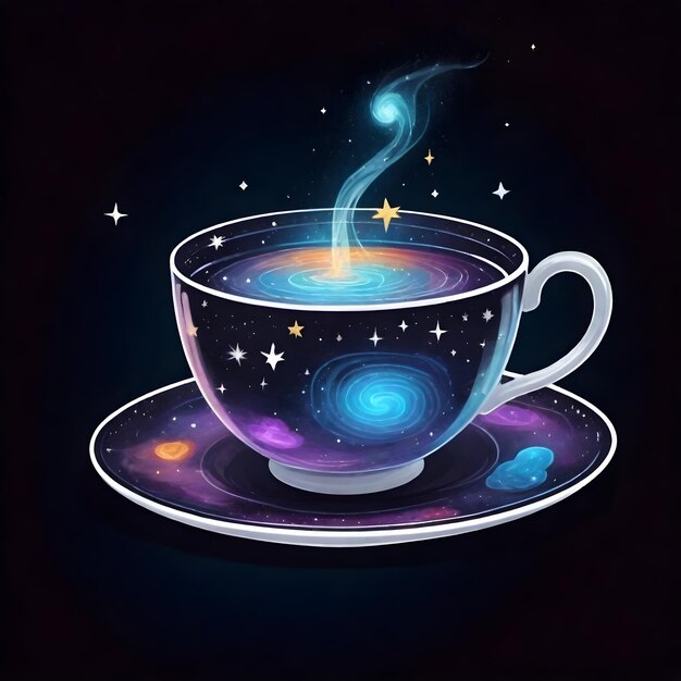 Прозрачная чайная чашка на тему галактики, наполненная звездами и планетами.