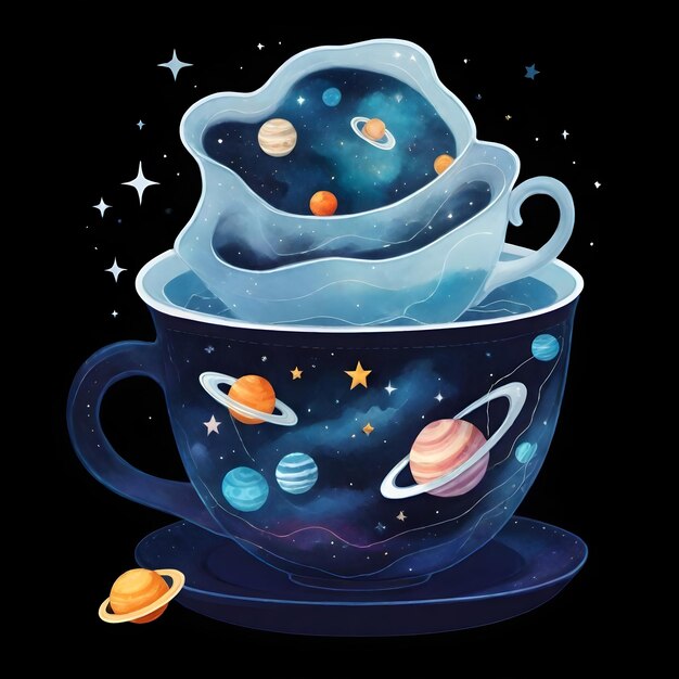 A transparent teacup with a galaxy theme filled with stars planets