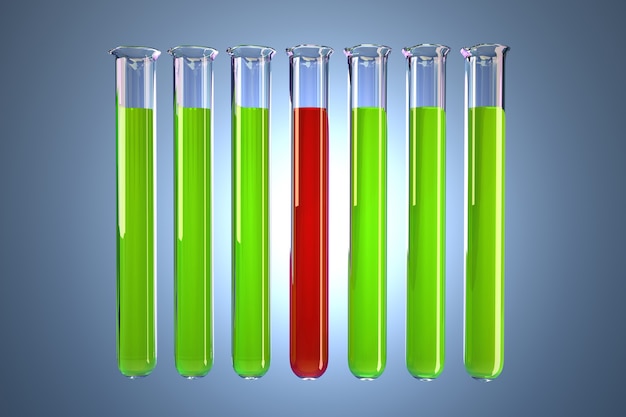 Photo transparent test tubes with colored liquids. chemical analysis concept. contains clipping path. 3d illustration