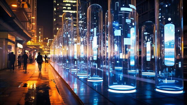 Transparent tubes filled with glowing data bits snaking their way through a neonlit tech city depicting urban data infrastructure