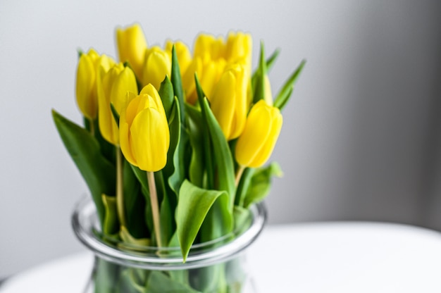 Transparent vase with yellow tulips