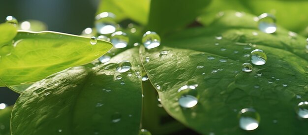 緑の葉から透明な水滴が太陽の輝きで