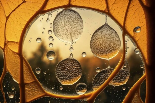 Transparent water drops on a glass window autumn background