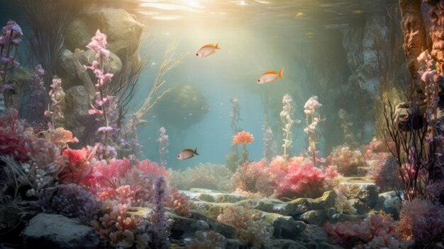 Photo transparent water of the ocean or sea corals and fish underwater seascape