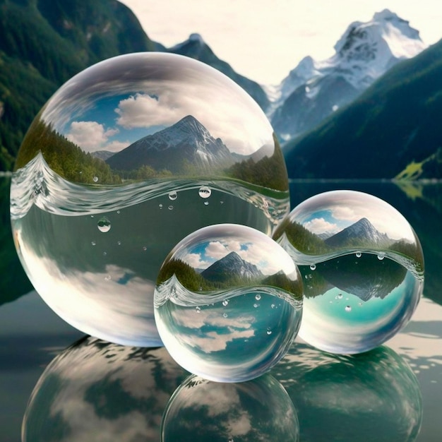 Transparent water spheres against a stunning backdrop of mountains and water Reflection of the land