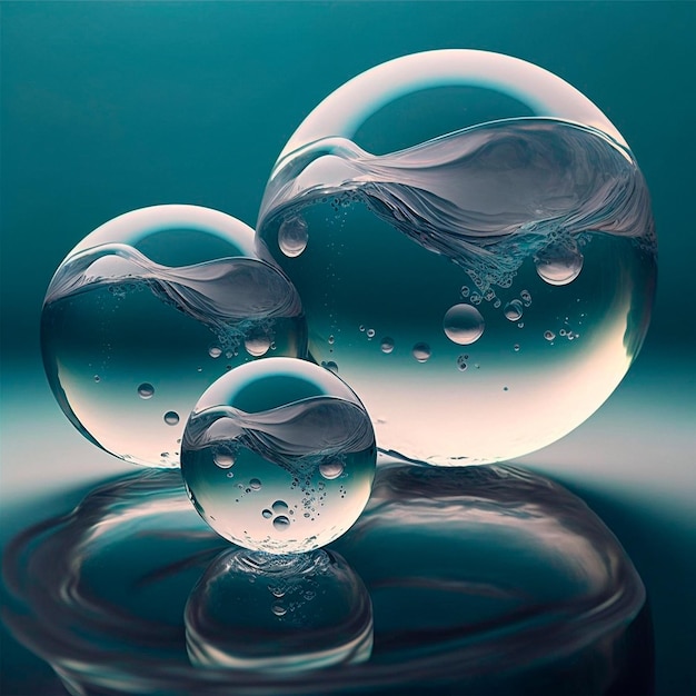 Transparent water spheres against a stunning backdrop of mountains and water Reflection