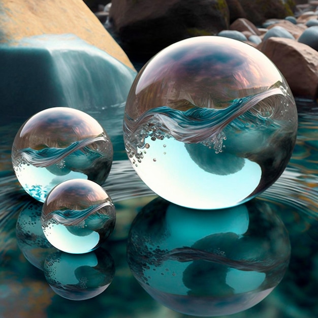 Foto sfere d'acqua trasparenti su uno sfondo mozzafiato di montagne e acqua riflessione