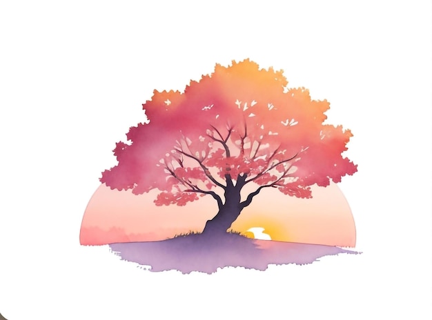 Transparent Watercolor Sunset and Tree for a Serene Scene