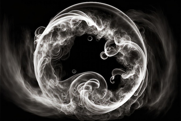 Transparent white smoke curling around ring on black background digital illustration