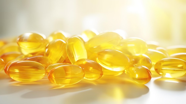Transparent yellow vitamins on a light background Vitamin D omega 3 omega 6 Food supplement oil