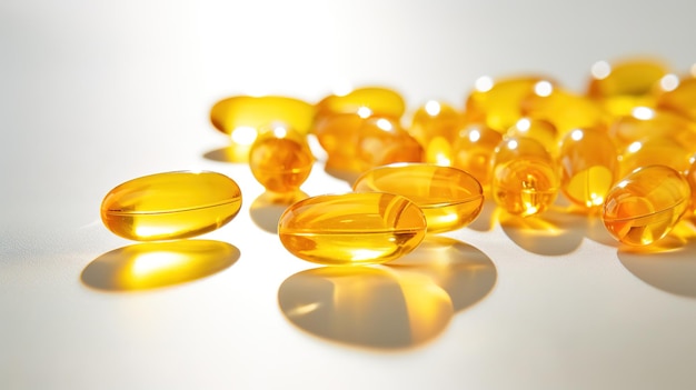 Прозрачные желтые витамины на светлом фоне Витамин D омега-3 омега-6 Пищевая добавка масло