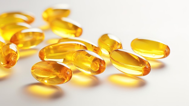 Transparent yellow vitamins on a light background vitamin d omega 3 omega 6