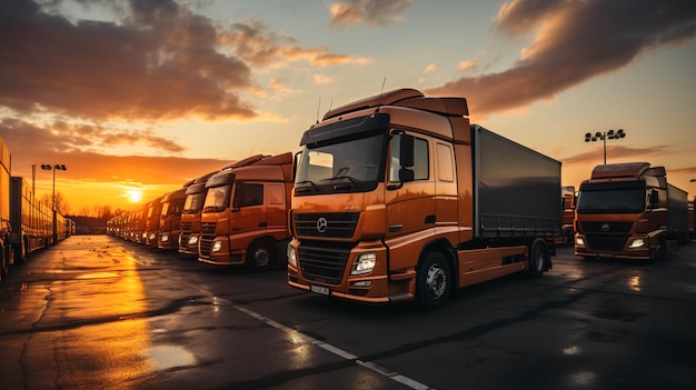 Транспортные грузовые грузовики припаркованы в строю приятный вид воздействие солнечного света на грузовик
