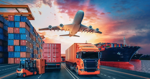 Foto transport en logistiek van containervrachtschip en vrachtvliegtuig. 3d-rendering en illustratie.