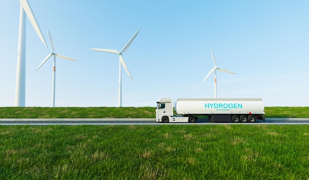 Foto transport en opslag van waterstofbrandstof groene stroom en nulemissie-energie grote vrachtwagen met waterstofopslagoverdracht met windturbines of windmolen 3d-illustraties rendering