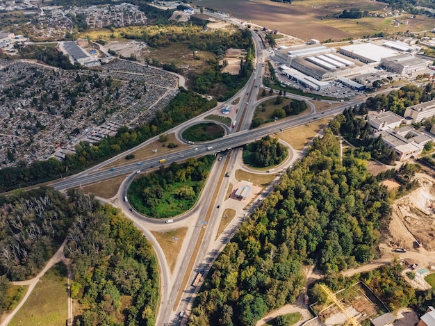 Transport motorway Ring View from Height, cars and important infrastructure, Ukraine