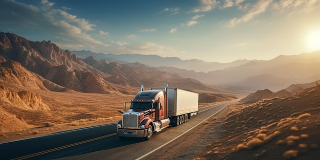 A transport semitruck effortlessly crossing the expansive terrain