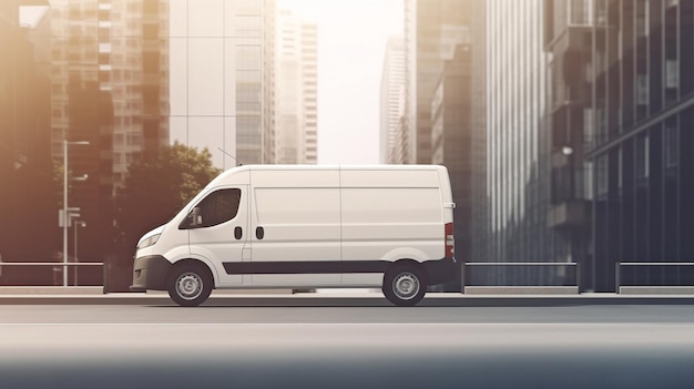 Photo transport van in white generative ai city street background