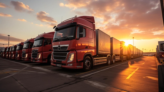transport vrachtwagens geparkeerd gerangschikt mooi uitzicht zonlicht effect op de vrachtwagen