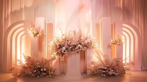 Transport yourself to a bygone era with this romantic podium featuring soft pastel hues and a