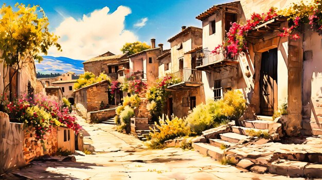 Photo transport yourself to a charming european village with this oldtown illustration the artwork showcases traditional architecture and narrow streets in a picturesque setting