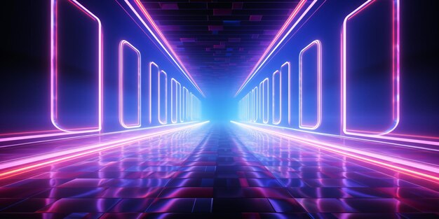 Transport yourself to the future with a long corridor bathed in neon fluorescence against a cyberstyle background