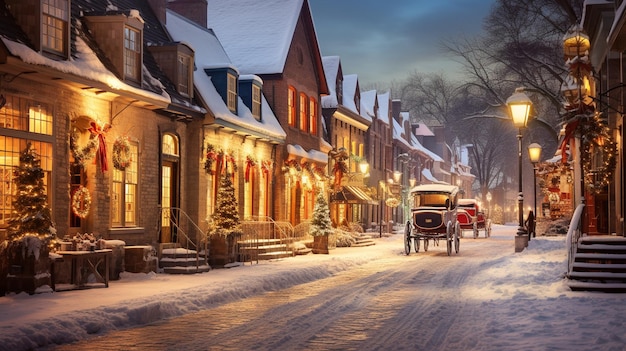 겨울의 중심에 자리 잡은 사랑스러운 마을로 이동하십시오. 박이는 불빛이 매력을 장식합니다.