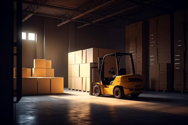 Transportation delivery forklift sun distribution warehouse box storage cargo logistic Generative AI