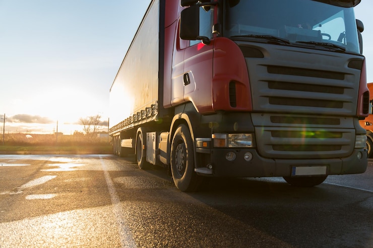 Photo transportation, freight transport and vehicle concept - close up of truck on parking