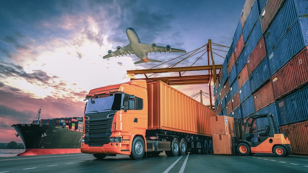 Foto trasporto e logistica di nave cargo container e aereo cargo. rendering 3d e illustrazione.