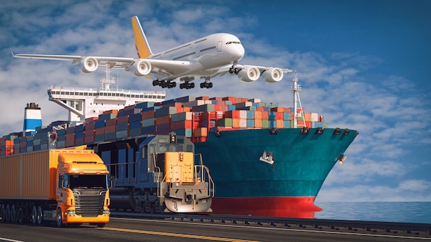 Транспортировка и логистика контейнеровозов и грузовых самолетов. 3D-рендеринг и иллюстрация.