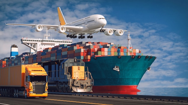 Transportation and logistics of Container Cargo ship and Cargo plane. 3d rendering and illustration.