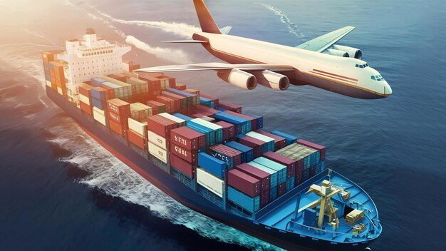Транспорт и логистика контейнерного грузового судна и грузового самолета 3D рендеринг и иллюстрация