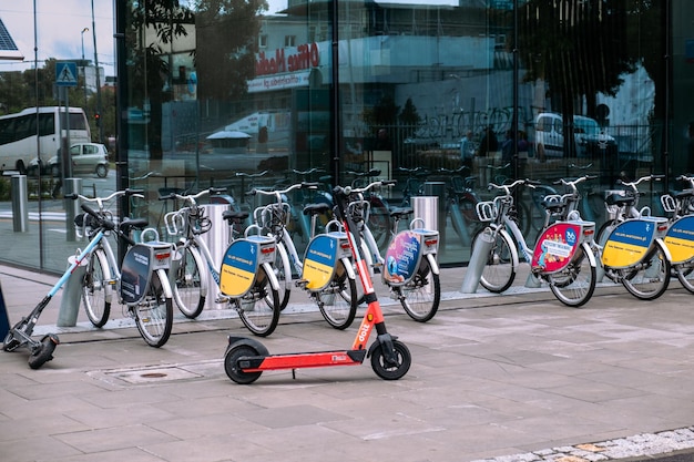 Transportation options parked outside office building May 27 2022 Warsaw Poland