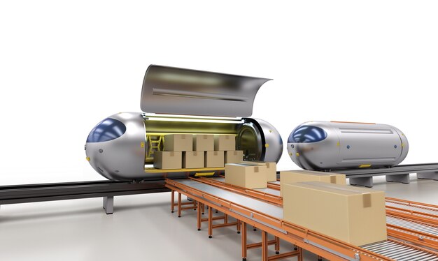 Transportation technology with 3d rendering high speed automation train carry cardboard boxes