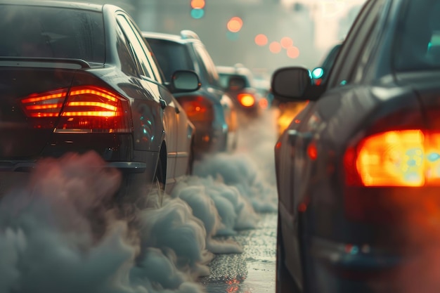 Transportation travel traffic jams on roads with air pollution smoke from car exhaust pipes