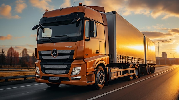 Transportation truck delivering cargo container sunny background