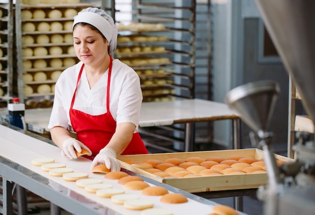 Transportband in een bakkerij met vers gebakken broodjes