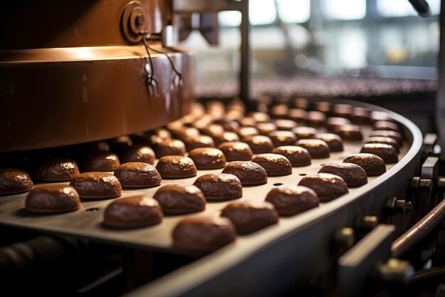 Transportband van chocoladefabriek waar heerlijke snoepjes worden gemaakt