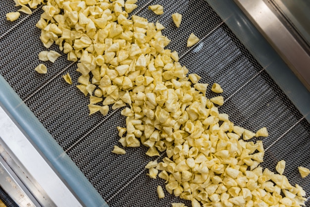 Transportband voor het bakken van snacks en frites in een moderne fabriek